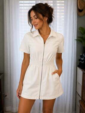Forever 21 White Denim Zip-Front Mini Dress Size M